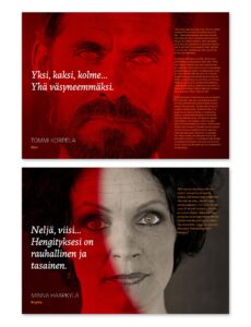 Kaksi aukeamaa Antti Hietalan näytelmän Ihanat ihmiset käsiohjelmasta, Q-teatteri (2014). Kuvissa Tommi Korpela ja Minna Haapkylä.